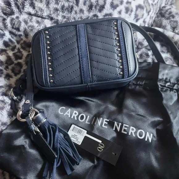Caroline Neron | Opera Navy Crossbody Leather Mini Camera Bag with Tassel - Picture 4 of 15
